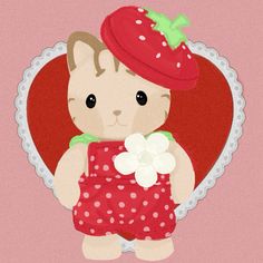 a teddy bear with a strawberry hat and red dress holding a flower in its hand