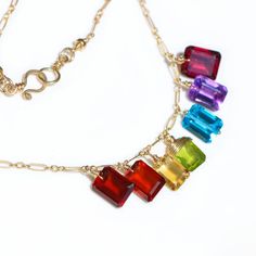 Rainbow Gemstone Necklace Fine Jewelry Semi Precious Stone Necklace Multi Gemstone Necklace Rainbow Necklace Colorful Stone Necklace Choker (31275 - 0) Rainbow Gemstones, Necklace Layered, Rainbow Jewelry, Hessonite Garnet, Yellow Citrine, Rhodolite Garnet, Green Peridot, Station Necklace, Swiss Blue Topaz