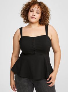 FIT Model is 5'10. 5” wearing size 1. Measures 30” from shoulder (size 2). Cropped silhouette. Fixed straps. MATERIALS + CARE 76% rayon, 21% nylon, 3% spandex. Machine wash cold. Dry low. Imported. DETAILS Sweetheart neckline. Sleeveless. Hook and eye detail. The best plus size women's bengaline hook eye corset top bustiers & corsets in deep black made of other. Torrid is your destination for cozy fall and winter clothes to keep you warm and comfortable. Fitted Camisole With Straps For Date Night, Fitted Camisole With Adjustable Straps For Date Night, Fitted Tank Top With Tank Straps For Date Night, Fitted Tank Top For Date Night, Chic Fitted Tops With Straps, Chic Elastane Camisole With Adjustable Straps, Fitted Tops With Adjustable Straps In Elastane, Black Fitted Tops With Adjustable Straps, Fitted Camisole For Date Night In Spring