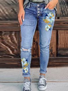 Jeans Refashion, Printed Denim Pants, Upcycle Jeans