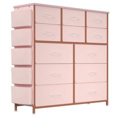 a large pink dresser with six drawers and two wooden shelves on each side, in front of a white background