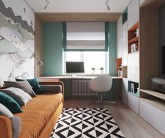 a living room filled with furniture and a flat screen tv on top of a wooden shelf