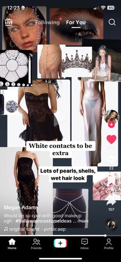 a collage of photos with the words white contacts to be extra lots of pearls, shells, wet hair look