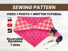 a dog laying on top of a pink and white checkered bandana with the words sewing pattern written below it