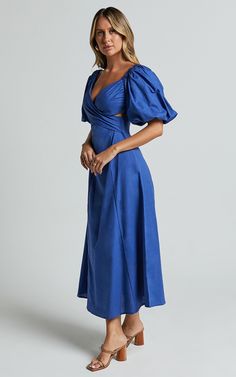 Amalie The Label - Janae Linen Blend Puff Sleeve Cut Out Midi Dress in Blue | Showpo USA Blue Puff Sleeve Dress With Gathered Sleeves For Party, Blue Puff Sleeve Dress For Evening, Blue Puff Sleeve Midi Dress For Spring, Blue Midi Dress With Gathered Sleeves For Evening, Blue Puff Sleeve Midi Dress For Evening, Summer Blue Midi Dress With Gathered Sleeves, Blue Midi Dress With Gathered Sleeves For Brunch, Chic Blue Puff Sleeve Dress With Ruched Detail, Chic Blue Ruched Puff Sleeve Dress