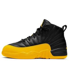 The Nike Air Jordan 12 Retro "University Gold" features a two-tone color scheme with a black leather upper and bright yellow mudguard with lizard patterns. The vibrant yellow extends to the entire length of the sole. Now available in children's sizes. (SNKR) Streetwear Scratch-resistant Synthetic Jordan Shoes, Synthetic Scratch-resistant Jordan Shoes For Streetwear, Yellow Leather Basketball Shoes With Rubber Sole, Scratch-resistant Jordan Shoes For Streetwear, Scratch-resistant Jordan Lace-up Shoes For Streetwear, Scratch-resistant Lace-up Jordan Shoes For Streetwear, Scratch-resistant Synthetic Jordan Sports Shoes, Leather Non-slip Sneakers For Streetwear, Yellow Synthetic Basketball Shoes With Round Toe