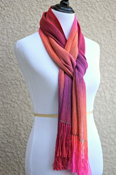 Hand woven scarf, pashmina in neon pink, orange, fuchsia and purple colors. Perfect #gift for her! This woven scarf is very soft and drapes nicely! Measures:L: 78" with 6" f... #kgthreads #accessories #cozy #fall #fashion #gradient #unisex #women #wrap Folding Scarves, Tying Scarves, Hand Woven Scarf, Coral Scarf, Ways To Tie Scarves, Scarf Knots, Woven Scarf, Head Scarf Styles, Woven Scarves