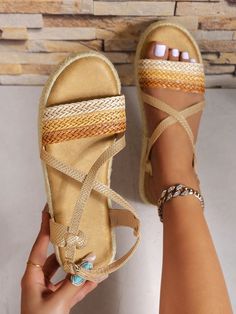 Update your beach vacation style with these woven sandals featuring a one line buckle design. The thick, textured sole and wedge heel provide comfort and stability, while the random pattern adds a unique touch. Perfect for a day at the beach or a casual evening out. Color : Multicolor Heel Height : Low Heel Upper Material : PU Leather Lining Material : PU Leather Insole Material : Suedette Outsole Material : EVA Comfortable Wedge Heel Sandals For Vacation, Adjustable Ankle Strap Wedge Sandals For Vacation, Comfortable Summer Wedge Sandals With Buckle, Comfortable Summer Wedge Sandals With Buckle Closure, Comfortable Ankle Strap Wedge Sandals For Beach, Casual Braided Sandals For Summer, Comfortable Wedge Sandals With Woven Sole For Vacation, Comfortable Wedge Sandals For Vacation With Textured Footbed, Beige Braided Sandals For The Beach