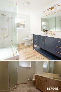 before and after photos of a bathroom remodel with blue cabinets, wood floors, and white walls