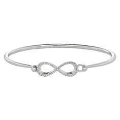 "You'll have limitless accessorizing options when you add this stylish sterling silver infinity bracelet to your jewelry collection. You'll have limitless accessorizing options when you add this stylish sterling silver infinity bracelet to your jewelry collection. Bracelet length: 7 in. Metal: sterling silver Plating: 10k white gold, rhodium Finish: polished Packaging: boxed DIAMOND DETAILS Total weight: 1/4 ct. Shape: round Clarity: I1-I2 Color grade: H-I Setting: prong Diamond weights are appr White Gold Infinity Bracelet For Formal Occasions, White Gold Infinity Diamond Bracelet, Formal White Gold Infinity Bracelets, Formal White Gold Infinity Bracelet, Formal Sterling Silver Infinity Bracelets, Silver Infinity Diamond Bracelet For Formal Occasions, Formal Sterling Silver Infinity Bracelet, Elegant Bracelets With Sterling Silver Clasp And Stainless Steel, Classic Sterling Silver Infinity Bracelet