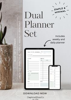 the dual planner set is shown next to a tablet and potted plant on a table