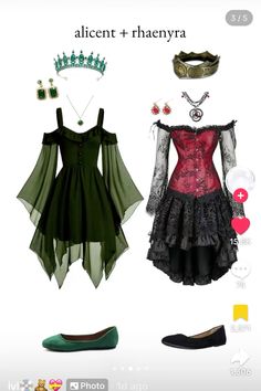 two dresses and accessories are shown in this image