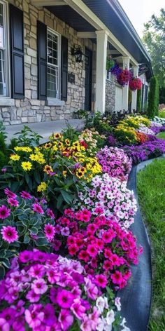 colorful flowers line the side of a house