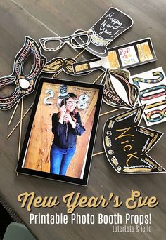 the new year's eve photo booth props are ready to be used for photos