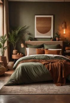 a bed with green sheets and pillows in a room filled with potted plants on the wall