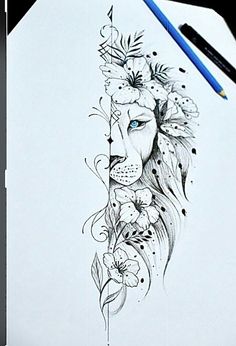 a drawing of a lion with flowers on its head