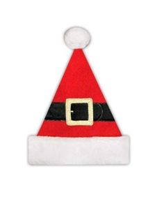 a red and white santa hat with a gold buckle on the front, sitting against a white background