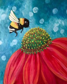 a painting of a bee on top of a red flower with bubbles in the background