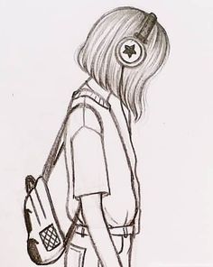 a drawing of a girl with headphones and a backpack looking down at the ground