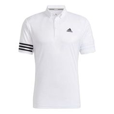 Men's adidas Logo Printing Stripe Button Short Sleeve Polo Shirt White HA3115 Casual Short Sleeve Polo Shirt With Three Stripes Branding, Casual Short Sleeve Polo Shirt With Three Stripes, Casual Cotton Polo Shirt With Three Stripes Branding, Casual Three Stripes Polo Shirt For Golf, Casual Collared Polo Shirt With Three Stripes, Golf Polo Shirt With Three Stripes, Adidas Casual Short Sleeve Polo Shirt, Sporty Collared Polo Shirt With Three Stripes, Sporty Short Sleeve Polo Shirt With Three Stripes Branding