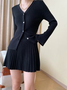 Leisure Long Sleeve Two Piece Skirt Set – COMMENSE Tank Outfit, Mode Casual, Looks Vintage, Tank Dress, Two Piece Skirt, Fashion Inspo Outfits, Skirt Set, Short Dresses, Two Piece Skirt Set