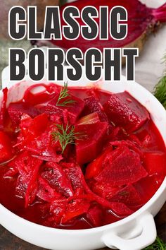 A serving of borscht soup topped with fresh dill.