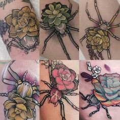 four different images of tattoos with flowers and bugs on their arms, one has a flower in the center