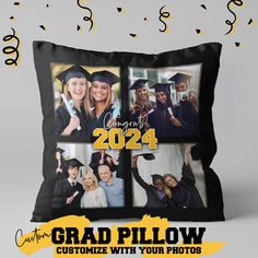 graduation photo collage on black pillow with confetti streamers in the background