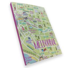 a book with the words melbourne written in pink and green on it's cover