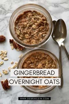 Gingerbread Overnight Oats in glass jars top down on grey marble scattered with oats and pecans, pictured with two spoons. Simple Overnight Oats Recipe, Simple Overnight Oats, Healthy Gingerbread, Oats Recipe