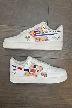 custom hand-painted sneakers for a quinceanera with bongo drums, maracas, Dominican and Puerto Rican flags and tropical pattern #quinceanera #customsneakers