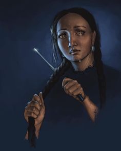 a painting of a woman holding a pair of scissors