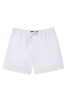 Soak up the sun or take a dip in these cool swim trunks crafted from easy-moving stretch fabric. Elastic/drawstring waist Mesh lined Side pockets; key loop pocket 92% polyester, 8% elastane Machine wash, line dry Imported Cotton Beachwear Athletic Shorts, Cotton Swim Trunks For Vacation, White Nylon Swim Trunks For Beach Season, Cotton Swimwear With Pockets For Summer, Summer Cotton Swimwear With Pockets, Casual Swim Trunks With Elastic Waistband For Pool, Casual Beach Swim Trunks With Side Pockets, Casual Swimwear With Side Pockets For Beach Season, White Drawstring Swimwear For Summer