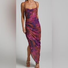 Brand New Hermae Midi Dress - Ruched Side Split Tie Back Slip Dress In Blurred Dreams Size 6 Or Medium Perfect For Any Occasion Selling Because It’s Too Big On Me Purple Ruched Bodice Dress For Summer, Summer Purple Dress With Ruched Bodice, Fitted Purple Midi Dress For Dinner, Purple Ruched Bodice Dress For Cocktail, Summer Evening Midi Dress In Mauve, Summer Evening Mauve Midi Dress, Chic Purple Dress With Ruched Bodice, Purple Party Dress With Ruched Bodice, Chic Purple Dresses With Ruched Bodice