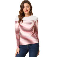 This contrast stripe T-shirt is a classic style for daily life. This piece is contrasted with a color block to fulfill your style statement from a boring all-over stripe top. It's cut from soft fabric that makes you feel comfortable day to night. These casual striped t-shirts match jeans, pants, skirts, or leggings freely, and they are perfect for daily wearing. Casual Striped Top With Contrast Color, Casual Striped Top With Contrast Colors, Striped Cotton Tops With Contrast Color, Cotton Striped Top With Contrast Color, Striped Color Block Cotton Tops, White Long Sleeve Top With Striped Hem, Spring Striped Color Block Tops, Red Tops With Vertical Stripes For Spring, Red Vertical Stripes Top For Spring