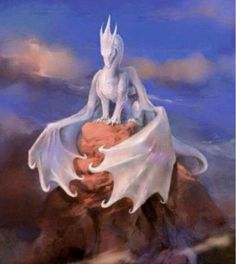 a painting of a white dragon sitting on top of a red rock with clouds in the background