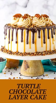 turtle chocolate layer cake with caramel drizzle and pecans