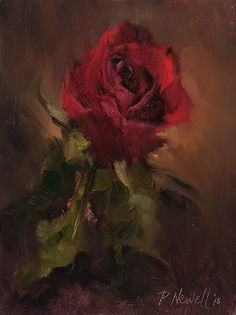 a painting of a red rose on a brown background