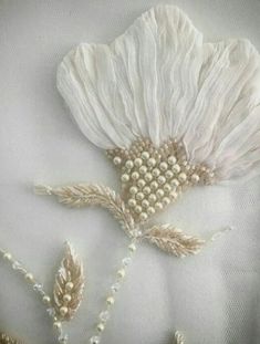 two white flowers with pearls and beads on the petals are in front of a beige background