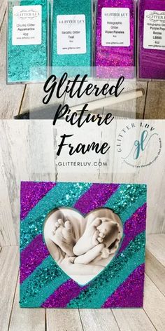 the glittered picture frame is shown with purple and blue stripes, and it has a heart