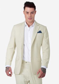 Astor Sand Linen Suit - SARTORO Summer Linen Blazer With Welt Pockets, Beige Linen Suit With Welt Pockets, Beige Linen Suits With Welt Pockets, Classic Linen Summer Suits, Classic Summer Linen Suit, Tailored Linen Summer Suits, Casual Linen Suits For Summer, Semi-formal Beige Linen Blazer, White Linen Semi-formal Suits