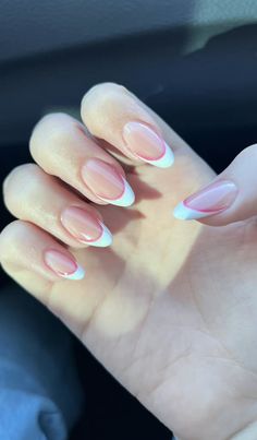 One Colour Almond Nails, White Nail Tips Almond, White Almond French Tip Nails With Design Pink, French Tip Alomd Nails White, French Nails Pink And White, White And Pink French Tip Nails, Clean Girl Nails Almond French Tip, Pink Frnch Tip, French Tip Nail Designs