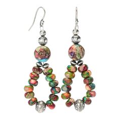 Answer the call of the American Southwest with these lovely drop earrings from Southwest Elements! Made of Impression jasper beads which are said to align the mind, body and soul, the rainbow of hues bring harmony to your ensemble. The beads cascade 2.4-inches into a stunning teardrop shape. Wear with the matching necklace 208-221 for a complete look! Multicolor Teardrop Spiritual Jewelry, Artsy Multicolor Round Bead Earrings, Artsy Multicolor Teardrop Jewelry, Bohemian Gemstone Beads Earrings, Spiritual Multicolor Dangle Beaded Earrings, Multicolor Bohemian Teardrop Earrings With Ear Wire, Multicolor Beaded Drop Earrings With Natural Stones, Multicolor Natural Stones Beaded Drop Earrings, Multicolor Spiritual Drop Earrings