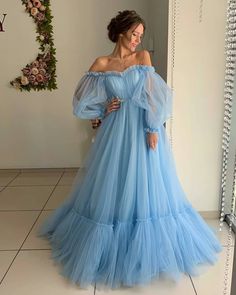 LP1073,Blue Wedding Gown with Sleeves, Tulle Blue Wedding Dress,Blue Prom Dress on Storenvy Blue Tulle Prom Dress, Tulle Prom Dress Long, Prom Dresses Elegant, 파티 드레스, Tulle Evening Dress, Long Sleeve Prom, Blue Wedding Dresses, Blue Tulle, فستان سهرة