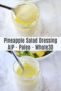 pineapple salad dressing in two small jars with spoons