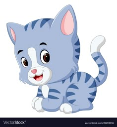 a blue kitten sitting on the floor with its tongue out and eyes wide open, smiling