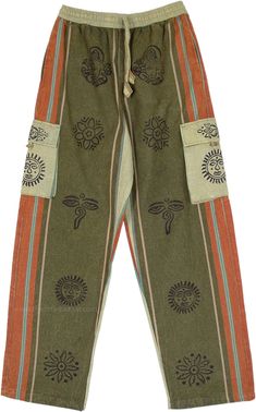 These hand-loomed cotton (called shamma cotton) loose fit pajama-style trousers are apt for reflecting a Bohemian look while staying comfortable.  The stonewashed fabric is accentuated with block printing, and together with box-pockets and stripes gives a perfect casual look. #tlb #SplitSkirtsPants #Stonewash #Pocket #vacationclothing #beachwrap #Printed #bohemianfashion #Unisex Cotton Pan #Unisexbohemianpants #FestivalPants Casual Cotton Cargo Pants For Festival, Cotton Cargo Pants For Festivals, Hippie Cotton Bottoms Relaxed Fit, Hippie Style Relaxed Fit Cotton Bottoms, Baggy Cotton Cargo Pants For Festival, Cotton Hippie Straight Pants, Cotton Pants With Side Pockets For Festivals, Green Cotton Cargo Pants For Loungewear, Hippie Style Straight Cotton Pants