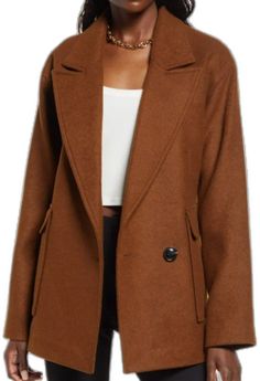 Fall Blazer With Buttoned Pockets, Button-up Pea Coat With Pockets For Fall, Fitted Nordstrom Outerwear For Fall, Fall Button-up Pea Coat With Buttoned Pockets, Fall Pea Coat With Buttoned Pockets, Casual Office Pea Coat With Pockets, Trendy Brown Blazer With Button Closure, Casual Brown Single Breasted Pea Coat, Casual Brown Pea Coat With Lapel Collar