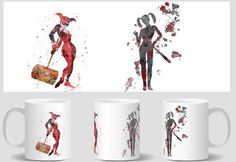 three coffee mugs with different images of the same person holding a cane and suitcase