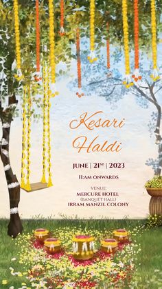 a poster for an event with trees and flowers in the grass, hanging from strings